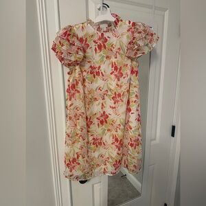 Cream Floral Print Short Sleeve Dress // size small